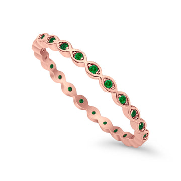 Full Eternity Stackable Ring Rose Tone, Simulated Green Emerald CZ 925 Sterling Silver